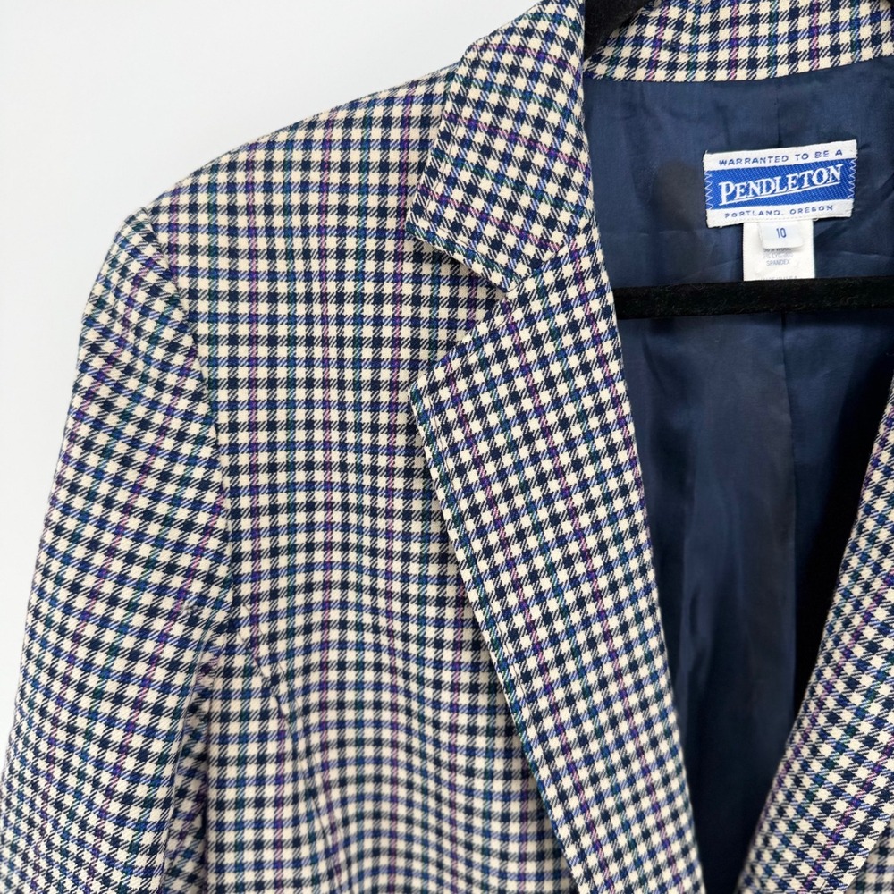 Pendleton Blazer Womens 10 USA Wool Mini Check Navy Cream Plaid Lined Jacket - Picture 2 of 8
